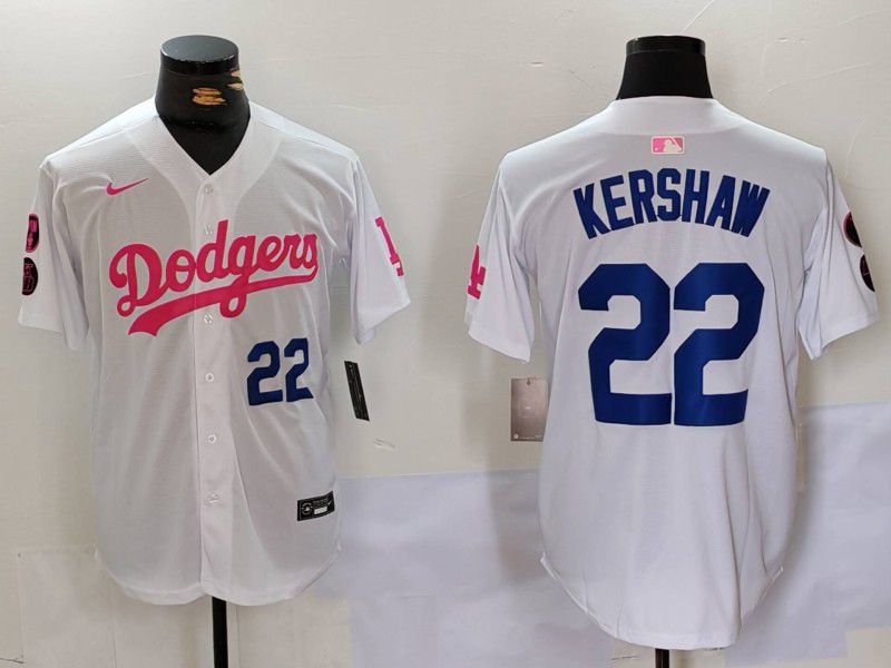Men Los Angeles Dodgers #22 Kershaw White pink joint name 2024 Nike MLB Jersey style 4